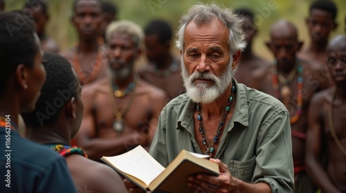 An older man with a gray beard reads from a book to a group of people. The people appear to be from an indigenous tribe, and they are listening attentively.