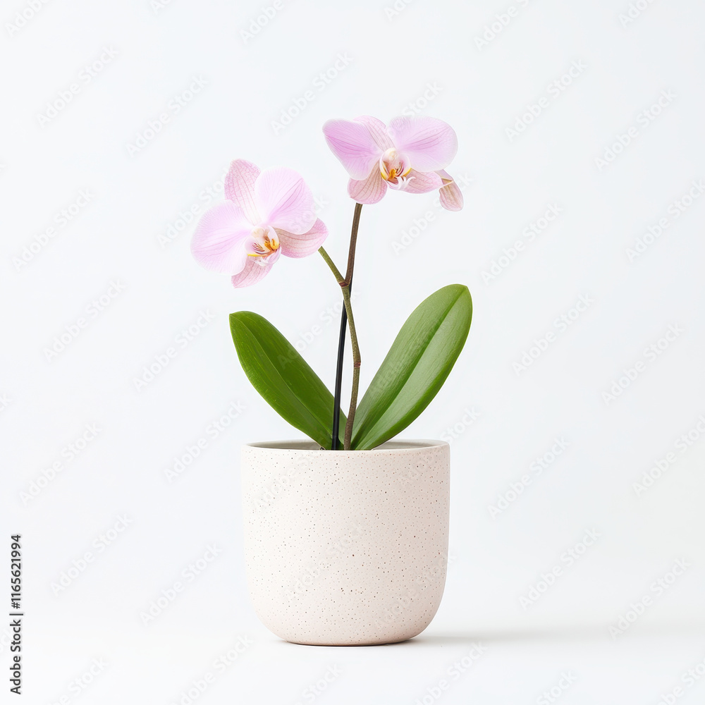 Elegant pink orchid plant in minimalist ceramic pot, adding beauty to any space Elegant pink orchid plant in minimalist ceramic pot, adding beauty to any space