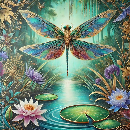 background with butterfly:Intricate wall art depicts a majestic dragonfly with vibrant, detailed wings. It hovers over a tranquil pond, surrounded by water lilies and lush vegetation. photo