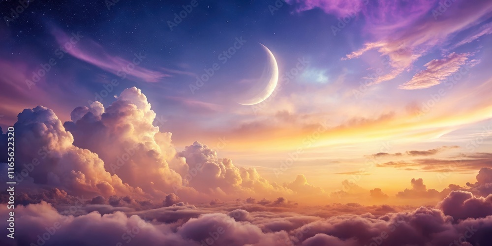 Celestial Sunset A Dreamlike View of the Crescent Moon Above a Sea of Clouds and Stars Celestial Sunset A Dreamlike View of the Crescent Moon Above a Sea of Clouds and Stars