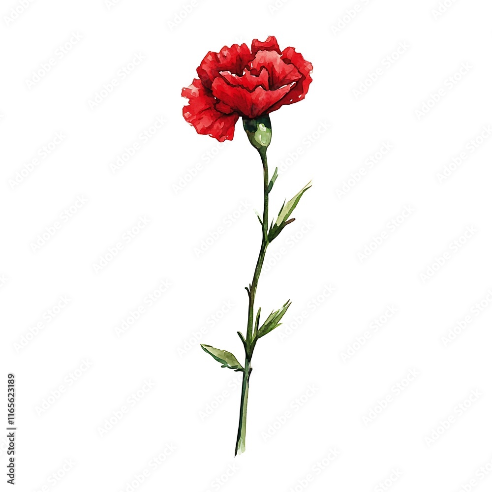Watercolor Painting of a Single Red Carnation Flower on a White Background.