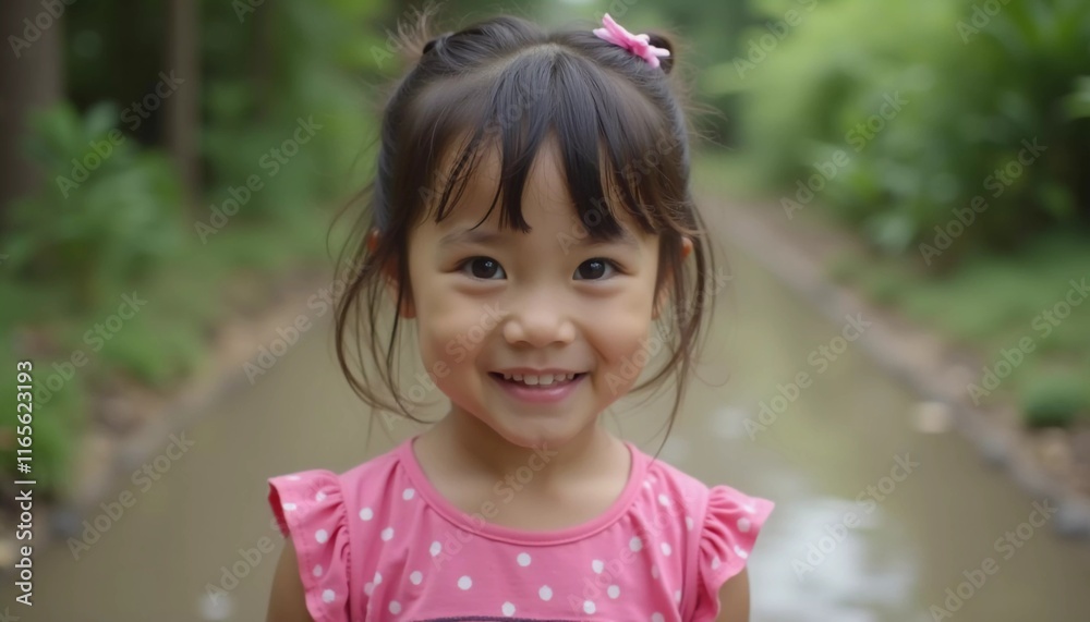 A joyful girl in Thailand stands on a moist path surrounded by greenery, showcasing her bright smile and playful spirit under the warm sun. Generative AI A joyful girl in Thailand stands on a moist path surrounded by greenery, showcasing her bright smile and playful spirit under the warm sun. Generative AI