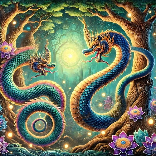 Enchanted Himmapan Forest: Two majestic serpents, scales shimmering, coil around ancient trees, bathed in ethereal light, amidst blooming lotuses. A mystical scene of vibrant colors and serene beauty. photo