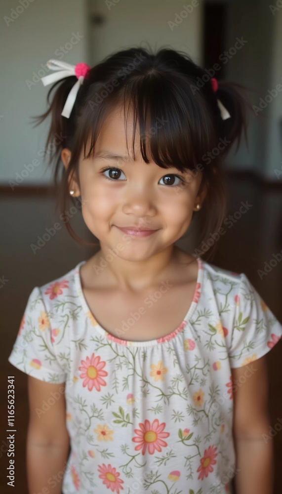 A young girl from Thailand stands indoors, smiling brightly. She wears a floral shirt and has her hair styled with cute bows, radiating innocence and happiness. Generative AI