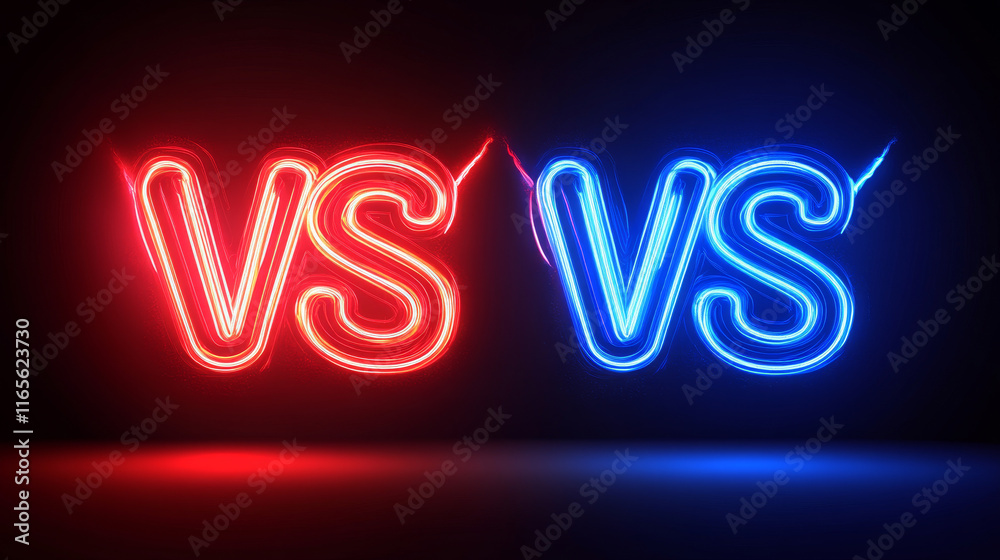 Vs or versus vector sign, game or sport confrontation symbols set with blue and red neon glow. Sports game, fight or battle competition challenge, martial arts combat or challengs emblems or labels Vs or versus vector sign, game or sport confrontation symbols set with blue and red neon glow. Sports game, fight or battle competition challenge, martial arts combat or challengs emblems or labels