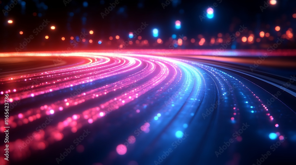 Abstract glowing lines form a curving pathway at night