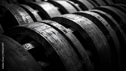 Close-up of stacked, weathered industrial wheels in monochrome.