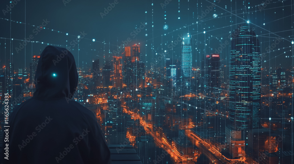 Hacker are planning to hack and attack networks and cyber security systems. Smart Innovation city with connection future wireless digital city and social media networking over the cityscape. Hacker are planning to hack and attack networks and cyber security systems. Smart Innovation city with connection future wireless digital city and social media networking over the cityscape.