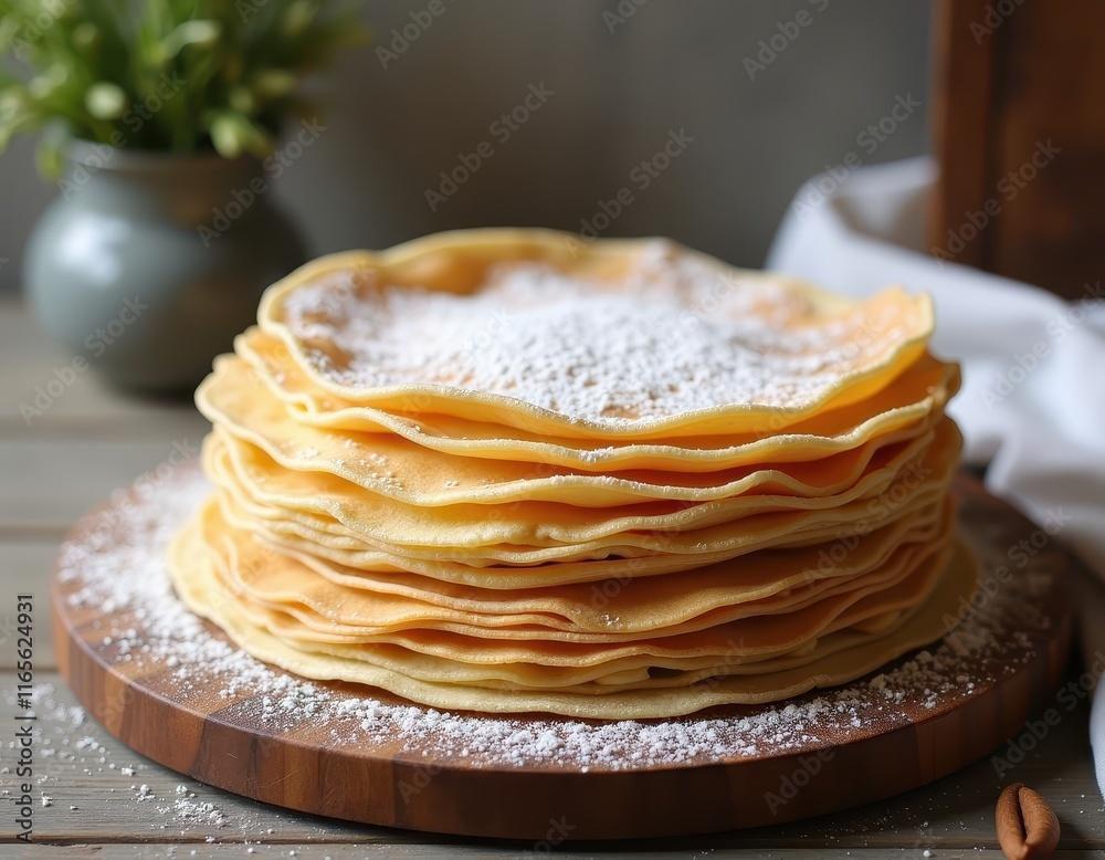 A stack of golden pancakes, delicately dusted with powdered sugar, rests on a rustic wooden board. A perfect image for culinary blogs or food websites. A stack of golden pancakes, delicately dusted with powdered sugar, rests on a rustic wooden board. A perfect image for culinary blogs or food websites.