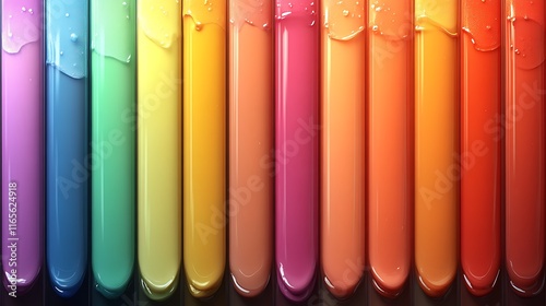 Colorful liquids fill glass tubes in a rainbow gradient