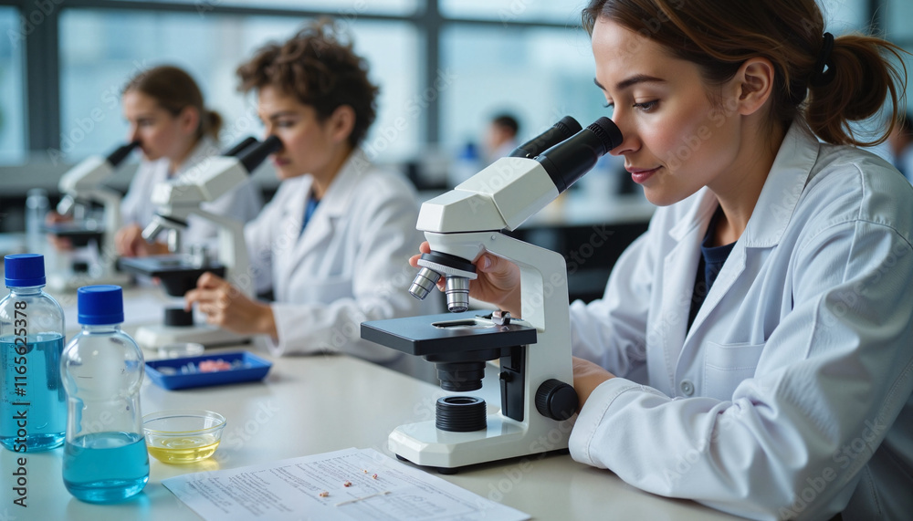 Focused students conducting microscopic research in biology lab, education Focused students conducting microscopic research in biology lab, education