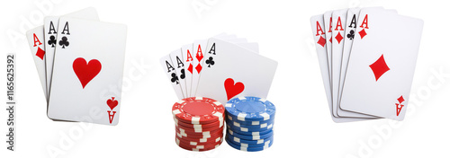 Playing cards and poker chips collection isolated on a transparent background