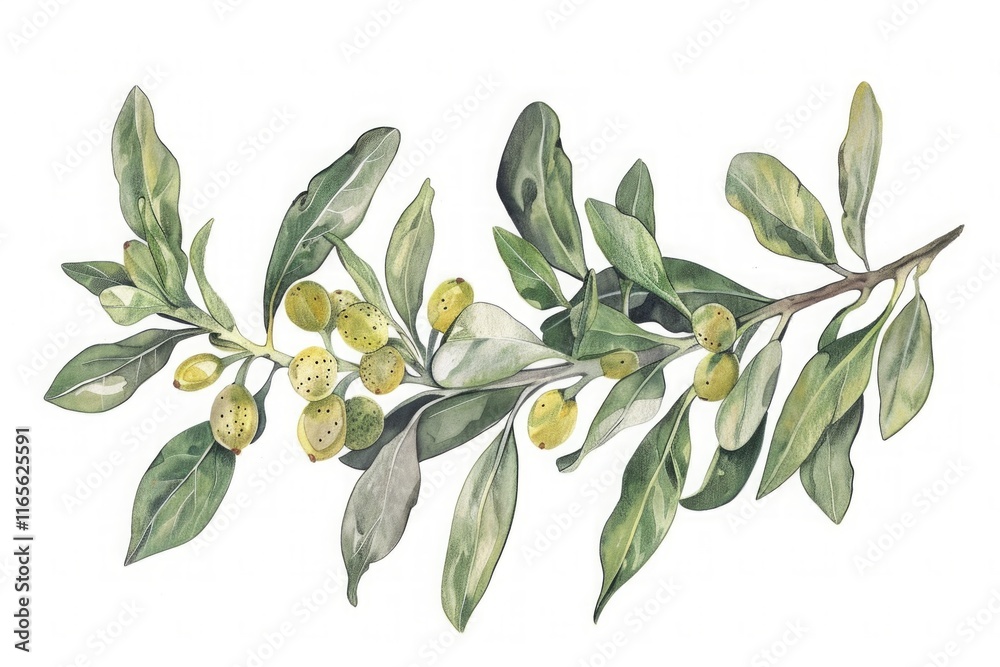 A delicate botanical illustration of a jojoba branch with soft green leaves and pale yellow fruits, emphasizing the natural elegance and simplicity of the plant against a clean white background. A delicate botanical illustration of a jojoba branch with soft green leaves and pale yellow fruits, emphasizing the natural elegance and simplicity of the plant against a clean white background.