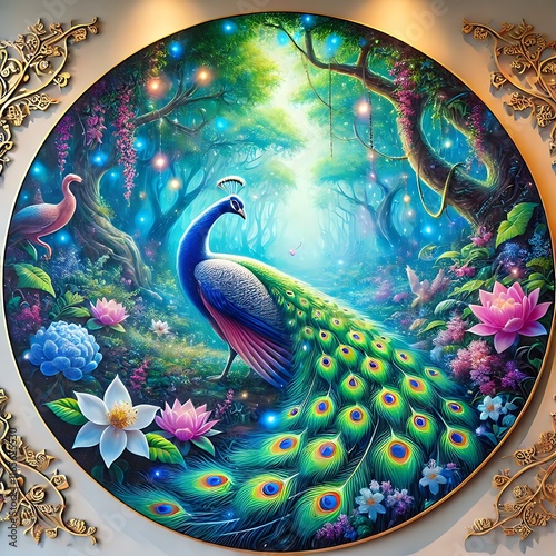Enchanted Himmapan Forest: A majestic peacock displays its iridescent plumage amidst vibrant flora and glowing ethereal lights, creating a breathtaking scene of serene beauty and mystical charm. photo