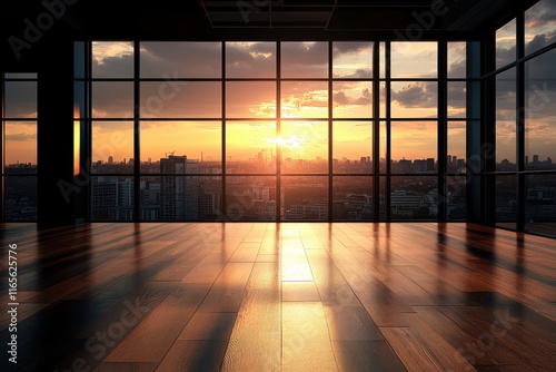 A wooden floor with the sun shining through large windows, creating an empty room with cityscape views. The warm sunlight creates a cozy and inviting atmosphere in a spacious loft or apartment interio photo