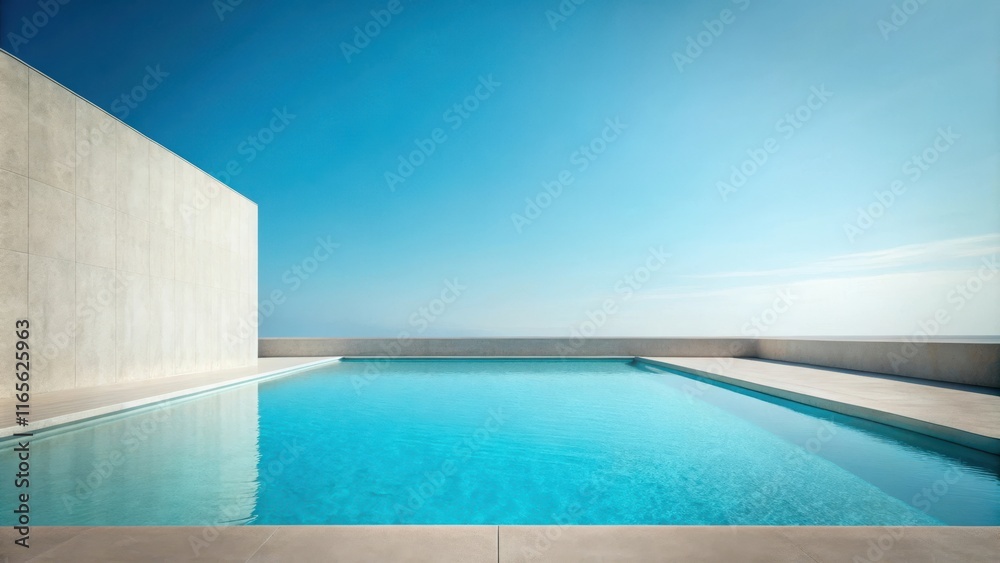 Fototapeta premium Serene Minimalist Poolside Architectural Design Featuring a Bright Blue Pool and Light Beige Wall Under a Clear Sky