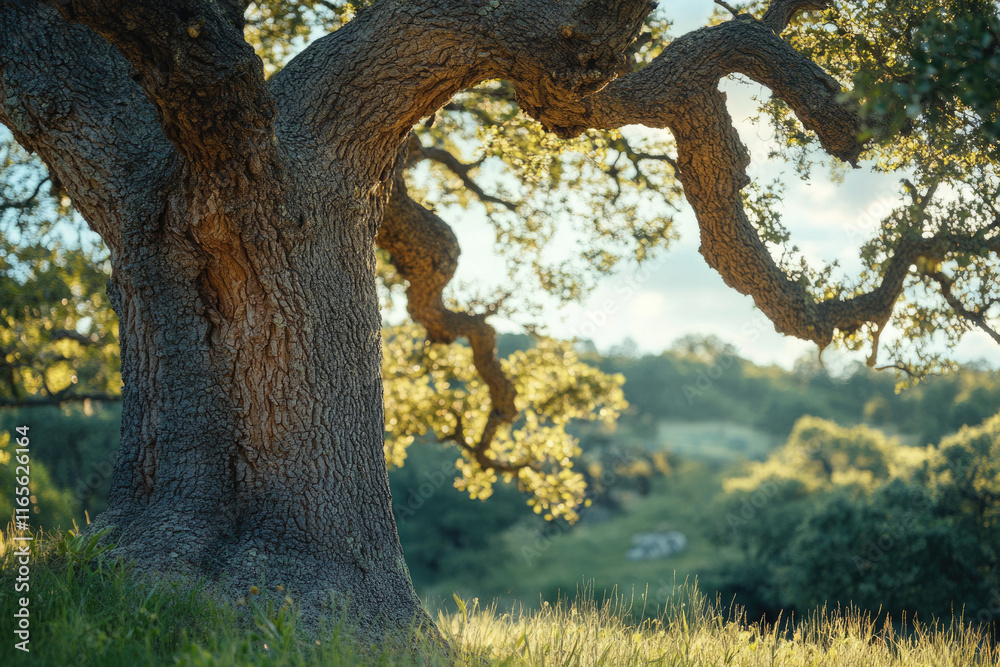 Ancient oak tree with gnarled branches, bathed in golden sunlight, stands majestically in a serene landscape. Ancient oak tree with gnarled branches, bathed in golden sunlight, stands majestically in a serene landscape.