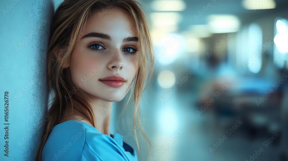 A woman with long blonde hair and blue eyes is standing in front of a wall A woman with long blonde hair and blue eyes is standing in front of a wall
