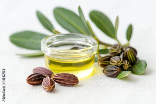 Wallpaper Mural Glass bowl with golden jojoba oil and seeds surrounded by green leaves on a white background, highlighting natural and organic beauty. Torontodigital.ca