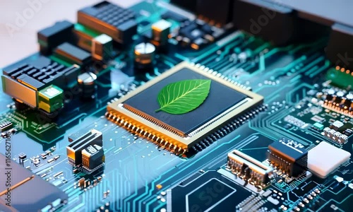 Wallpaper Mural Close-up of Organic Chip with Green Leaf Texture on High-Tech Circuit Board Torontodigital.ca