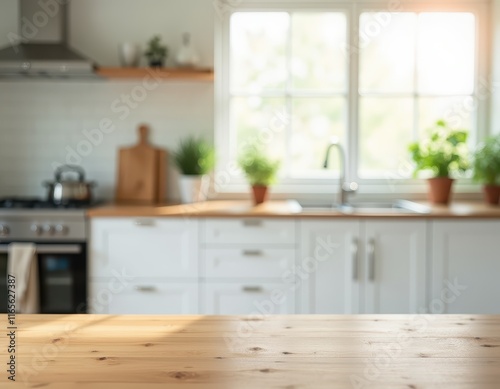Bright kitchen with wooden countertop, perfect for showcasing products or recipes.  The sunlit space offers a clean, modern aesthetic, ideal for a variety of uses.