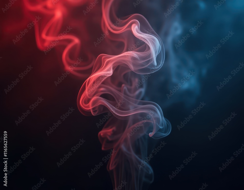 Abstract swirling smoke in vibrant red and blue hues against a dark background. A captivating study of form and color, perfect for design projects needing a touch of the ethereal. Abstract swirling smoke in vibrant red and blue hues against a dark background. A captivating study of form and color, perfect for design projects needing a touch of the ethereal.