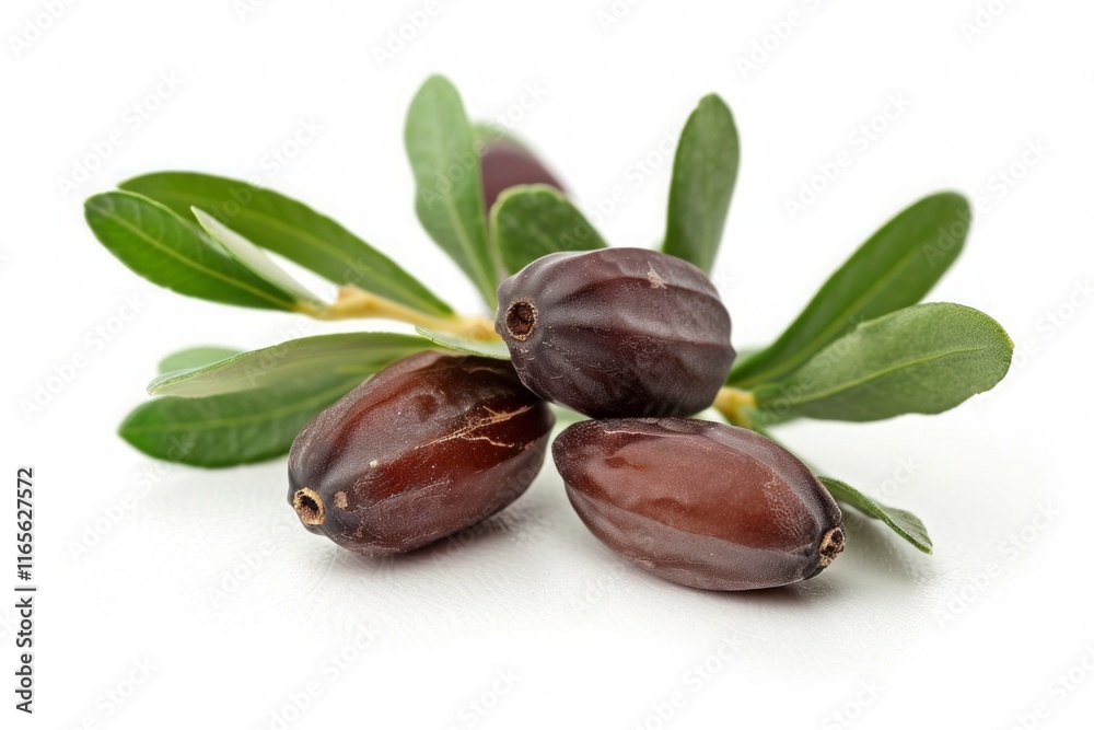 Close-up of fresh jojoba seeds with vibrant green leaves on a white background, showcasing natural beauty and organic quality. Close-up of fresh jojoba seeds with vibrant green leaves on a white background, showcasing natural beauty and organic quality.