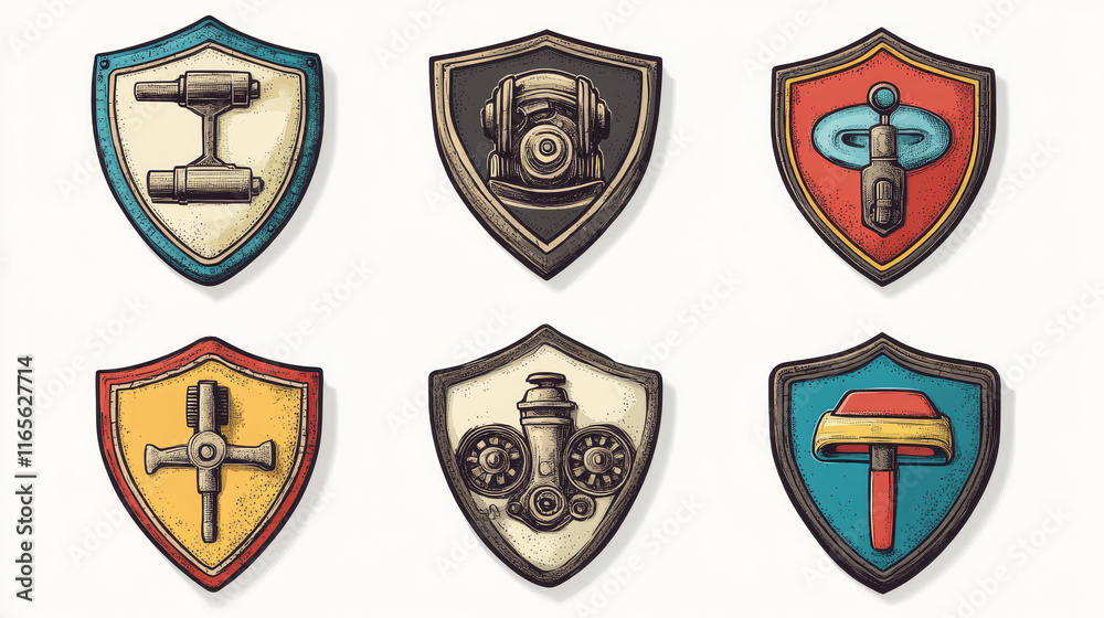 Car repair service badges with auto spare part icons. Vehicle engine, spanner and wheel, tire, piston and spark plug on vintage shields. Mechanic garage label and transportation theme Car repair service badges with auto spare part icons. Vehicle engine, spanner and wheel, tire, piston and spark plug on vintage shields. Mechanic garage label and transportation theme