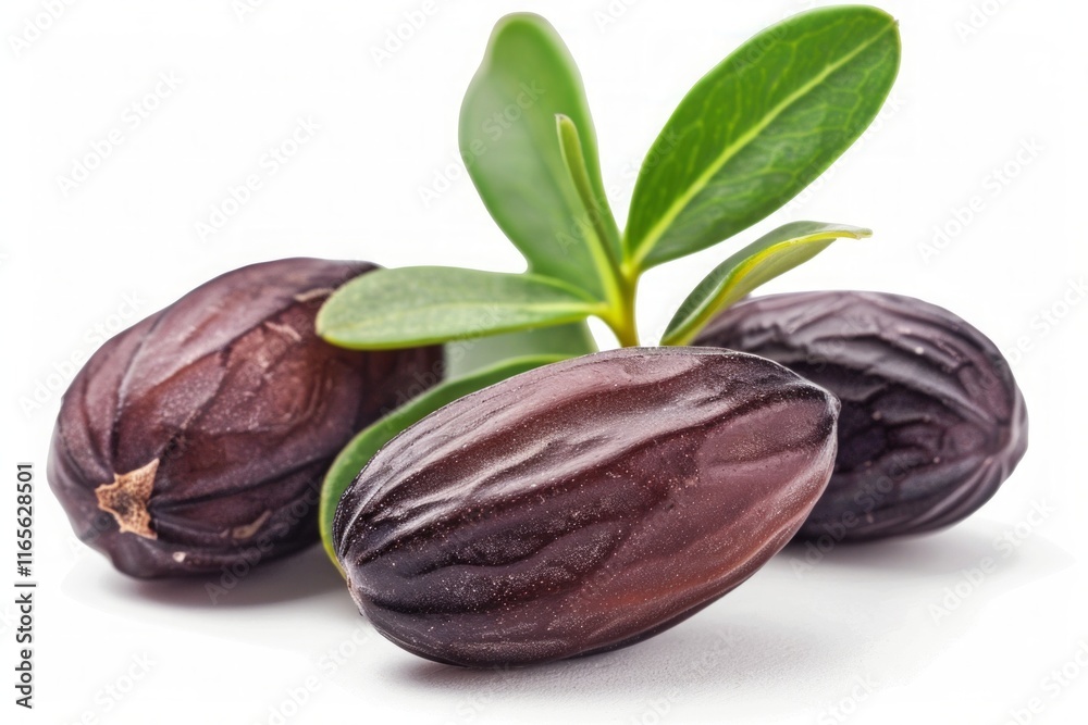 Close-up of raw jojoba seeds with vibrant green leaves on a clean white background. Close-up of raw jojoba seeds with vibrant green leaves on a clean white background.
