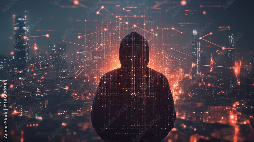 Hacker are planning to hack and attack networks and cyber security systems. Smart Innovation city with connection future wireless digital city and social media networking over the cityscape. Hacker are planning to hack and attack networks and cyber security systems. Smart Innovation city with connection future wireless digital city and social media networking over the cityscape.