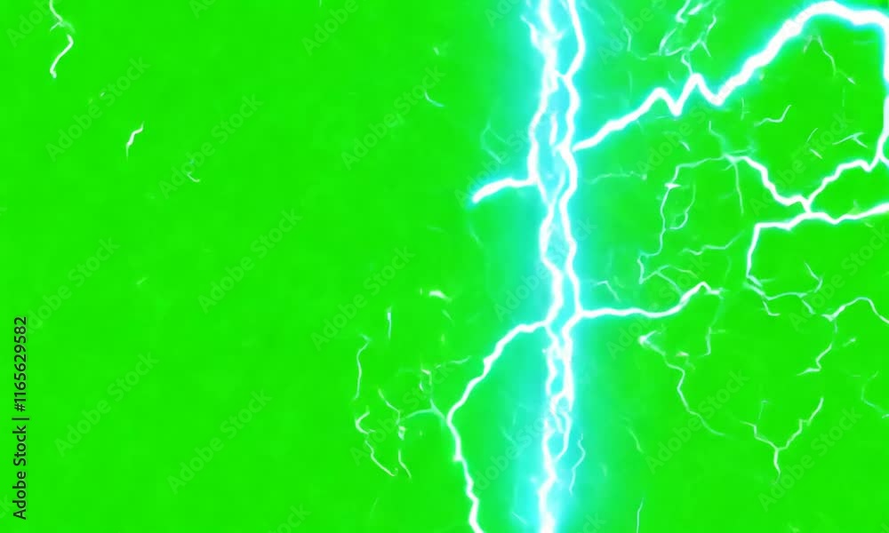 Electric shock effect with bright, vivid lightning bolts sparking and pulsing on an isolated green screen background