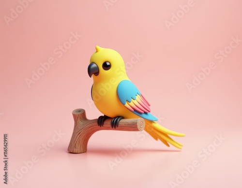 Fototapeta Naklejka Na Ścianę i Meble -  Adorable cartoon bird perched on a branch against a soft pink background.  Perfect for children's products, websites, or illustrations needing a cheerful, friendly touch.