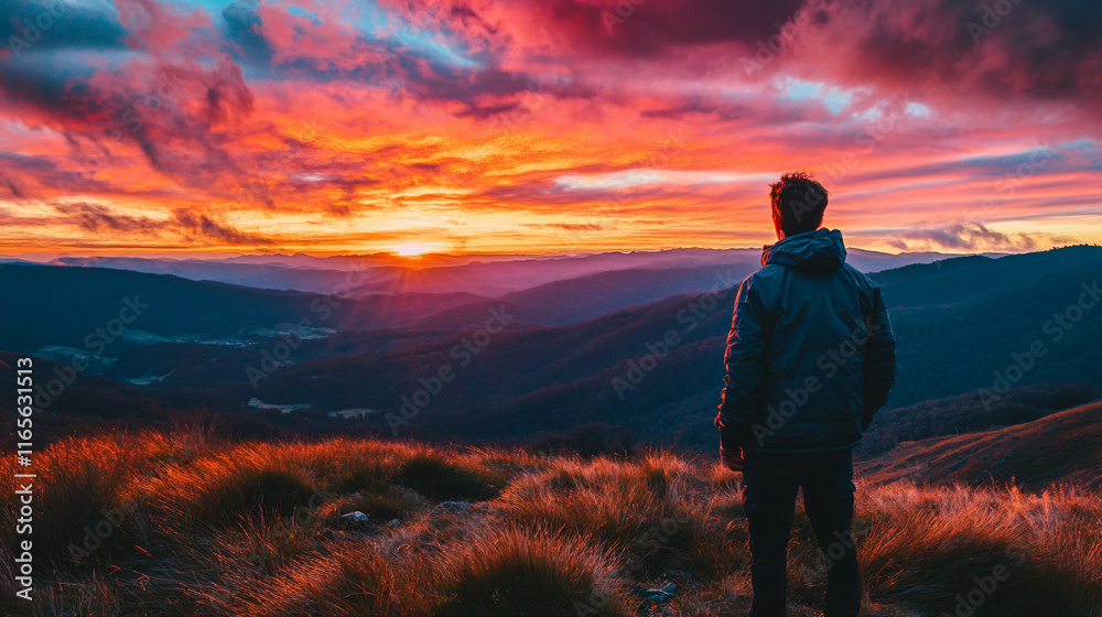 A person gazes at the vibrant sunset from a hill, feeling a mix of emotions and thoughts. A person gazes at the vibrant sunset from a hill, feeling a mix of emotions and thoughts.