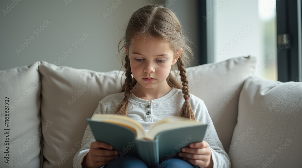 Portrait of a focused child reading a book on the sofa Portrait of a focused child reading a book on the sofa