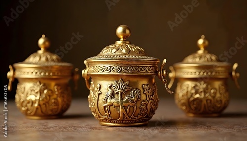 Ornate Golden Vessels: Intricate Relief and Regal Elegance photo