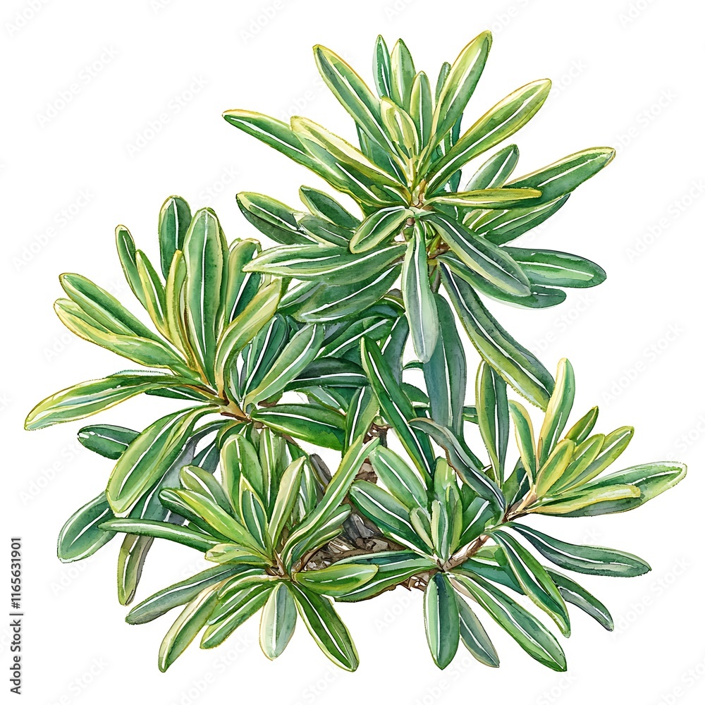 Fototapeta premium A watercolor painting of a vibrant green tropical plant with long, slender leaves, isolated on a white background.