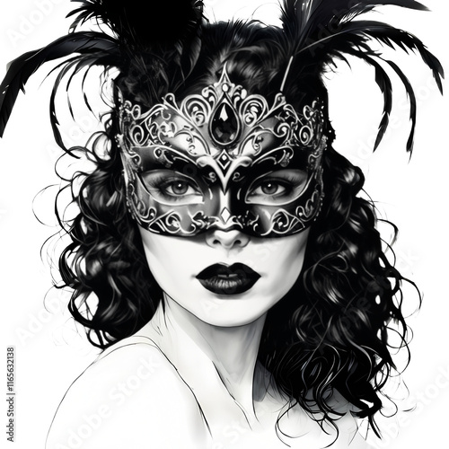 Donna elegante con i capelli nero corvino con il viso coperto da una maschera ornata di piume, Elegant woman with jet black hair with her face covered by a mask adorned with feathers	 photo