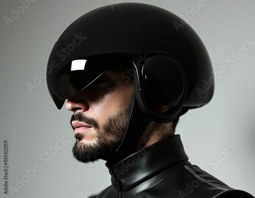 Futuristic helmet design. Sleek, black helmet with integrated visor, worn by a man with a beard.  Modern, stylish safety gear. photo