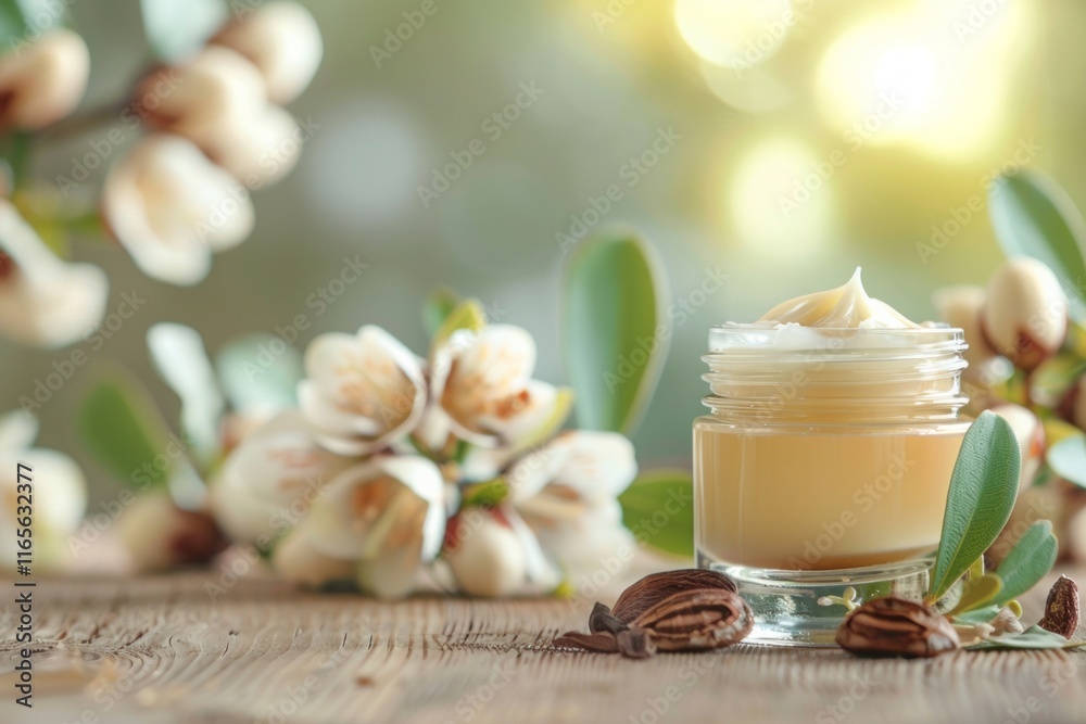 Luxurious hand cream in an amber jar surrounded by a rustic basket, dried seeds, and fresh flowers for natural beauty and skincare. Luxurious hand cream in an amber jar surrounded by a rustic basket, dried seeds, and fresh flowers for natural beauty and skincare.