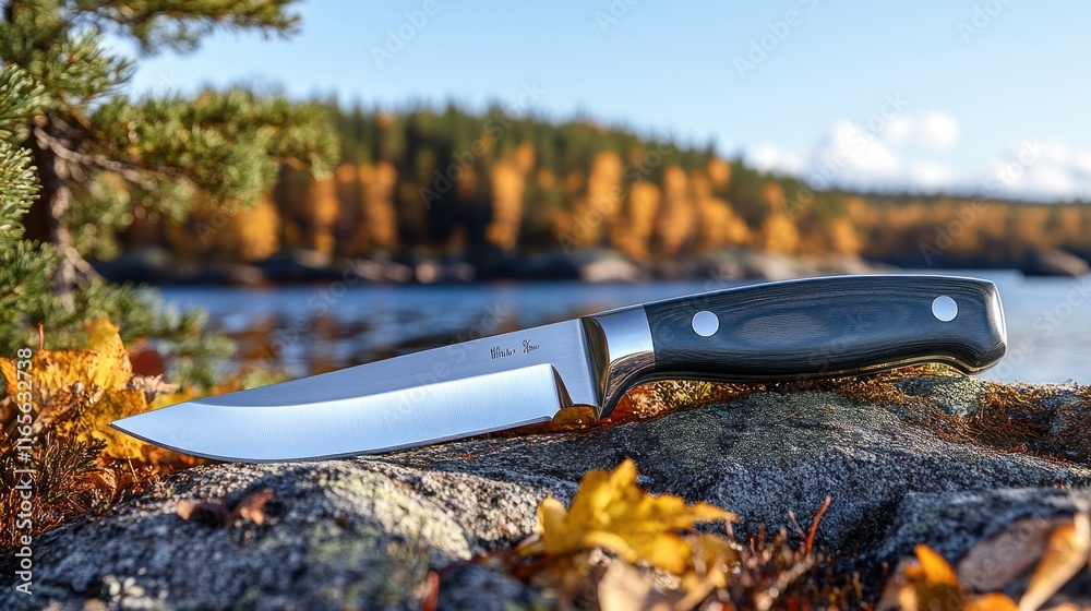 Outdoor knife resting on a rock by a lake, autumn leaves scattered around. Outdoor knife resting on a rock by a lake, autumn leaves scattered around.