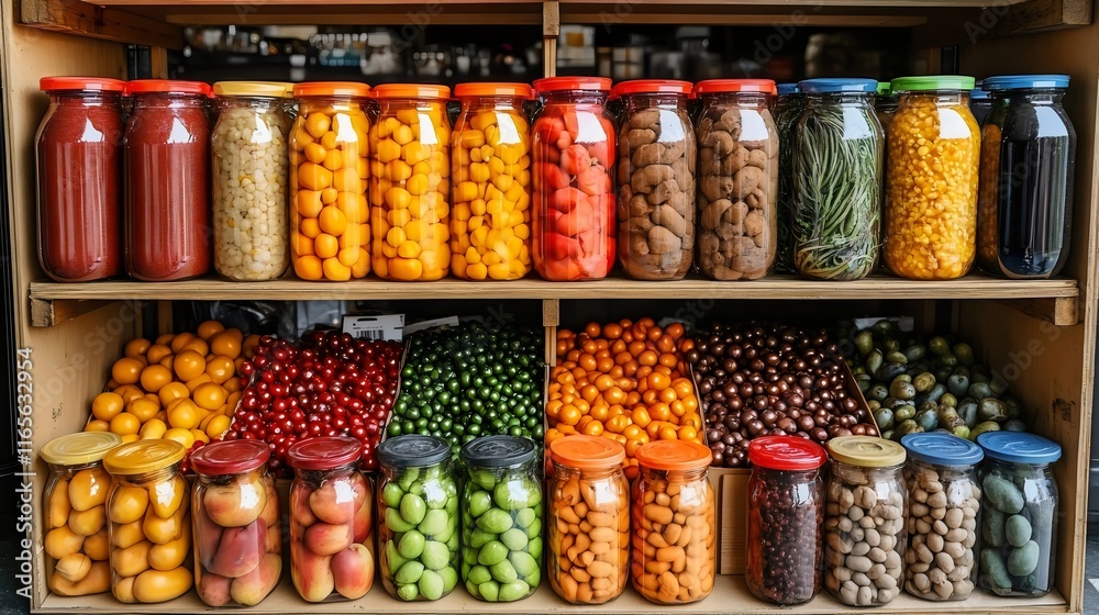 A row of colorful jars filled with various fruits and vegetables A row of colorful jars filled with various fruits and vegetables