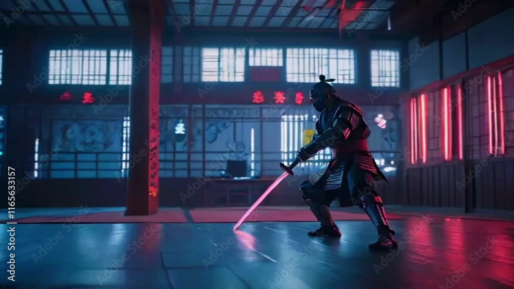 A cyber-samurai practicing high-tech dojo. walls display digital kanji text subtle background blur, 2d flat anime cartoon style illustration, 4k lofi hip-hop bites landscape music animation video
