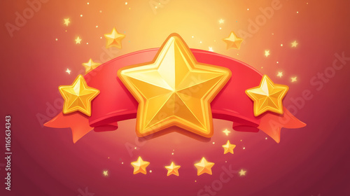 Level completed game asset icon, level up badge. Vector ui or gui interface element, reward popup golden stars with wings and red banner. Award bonus for mobile app, video or online game competition