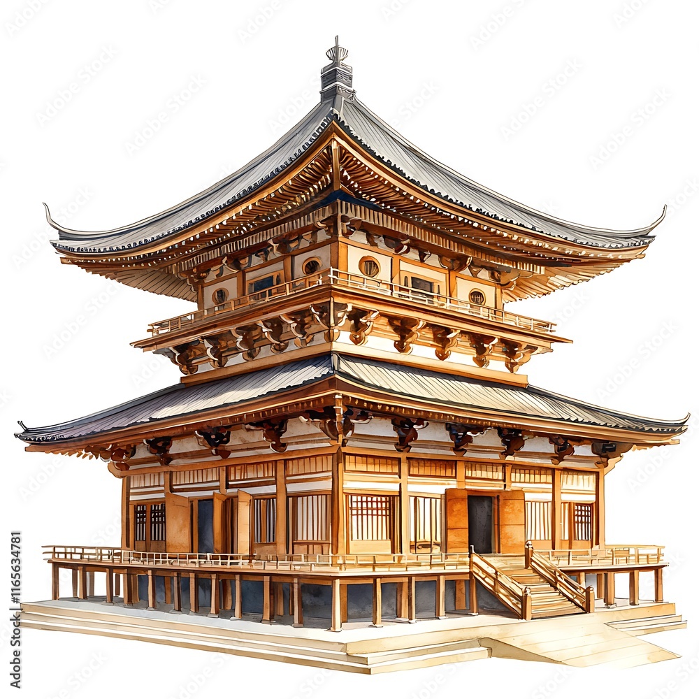 Watercolor Painting of a Traditional Japanese Wooden Pagoda Temple. Watercolor Painting of a Traditional Japanese Wooden Pagoda Temple.