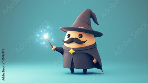 Cartoon vitamin H sorcerer character holding sparkling wand. Vector biotin capsule wizard casting spell. Isolated funny moustached food supplement magus personage wearing cloak and hat with buckle