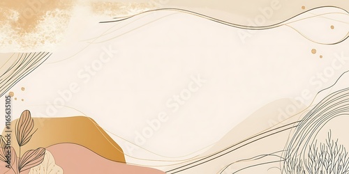 Abstract beige and brown background with minimalist line art plants and shapes.
