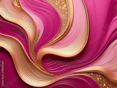 an abstract design featuring flowing, wavy layers in vibrant shades of pink and magenta, with accents of shimmering gold.