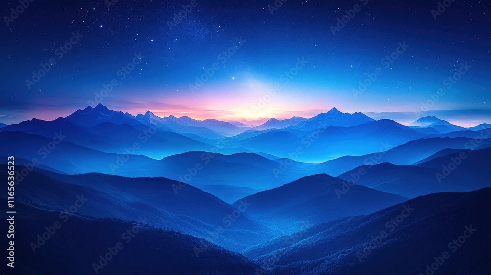 Majestic sunrise over a vast mountain range, showcasing layers of blue peaks under a starlit sky.