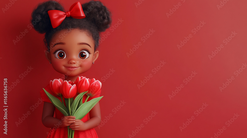A cheerful girl holding red tulips against a vibrant background. A cheerful girl holding red tulips against a vibrant background.