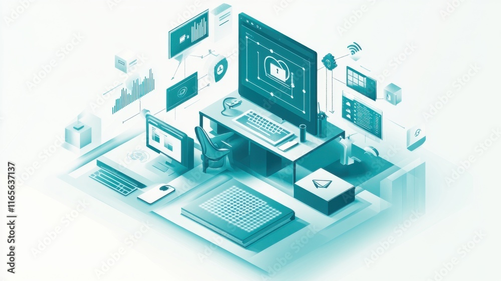 The concept of secure remote work in teal and white colors The concept of secure remote work in teal and white colors